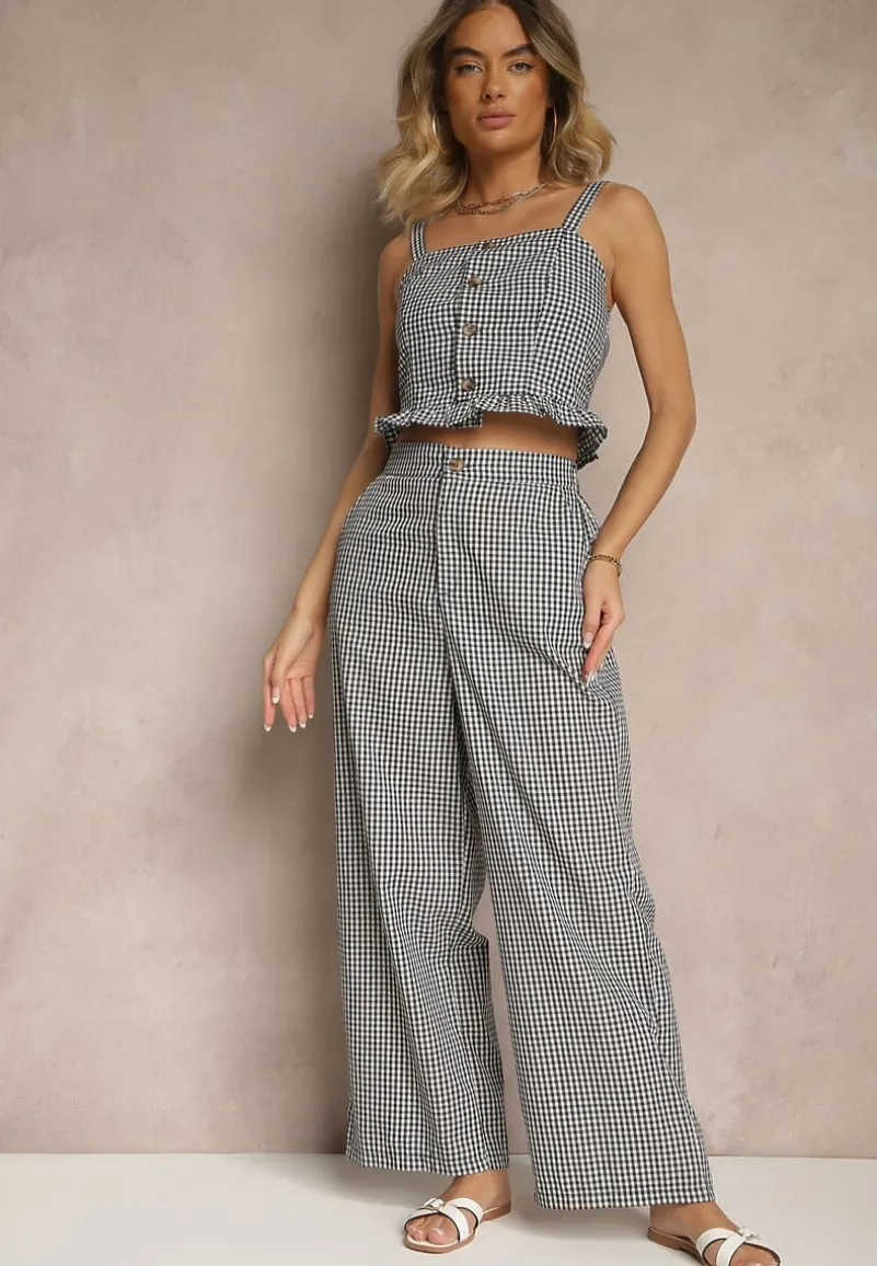 Czarne Spodnie z Bawełny w Kratkę Vichy z Szeroką Nogawką Iffele