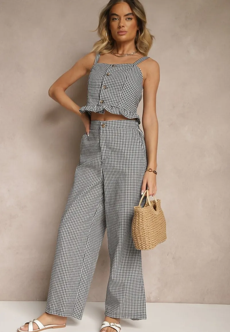 Czarne Spodnie z Bawełny w Kratkę Vichy z Szeroką Nogawką Iffele