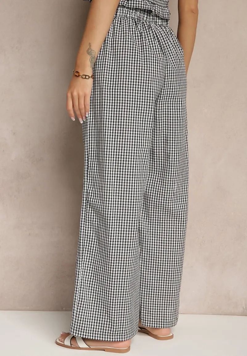 Czarne Spodnie z Bawełny w Kratkę Vichy z Szeroką Nogawką Iffele