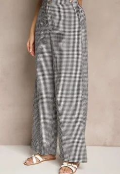 Czarne Spodnie z Bawełny w Kratkę Vichy z Szeroką Nogawką Iffele