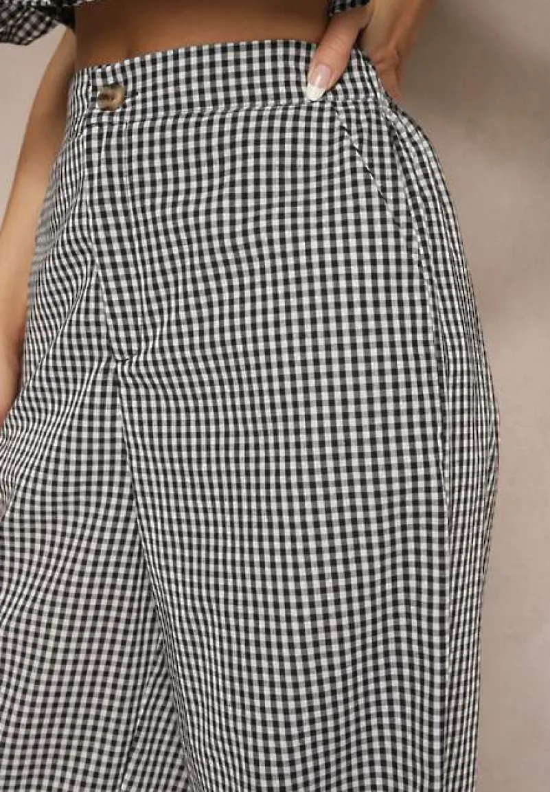 Czarne Spodnie z Bawełny w Kratkę Vichy z Szeroką Nogawką Iffele