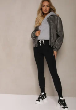 Czarne Spodnie z Dodatkiem Bawełny High Waist Wiązane w Pasie Nirinne