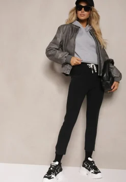 Czarne Spodnie z Dodatkiem Bawełny High Waist Wiązane w Pasie Nirinne