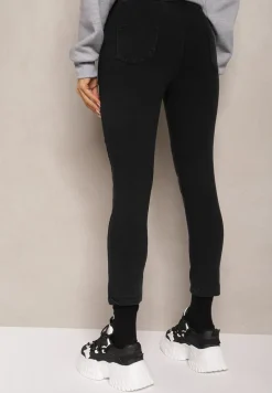 Czarne Spodnie z Dodatkiem Bawełny High Waist Wiązane w Pasie Nirinne