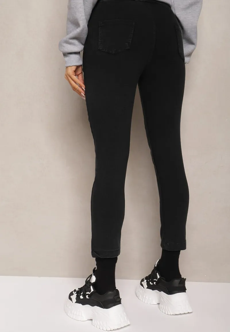 Czarne Spodnie z Dodatkiem Bawełny High Waist Wiązane w Pasie Nirinne