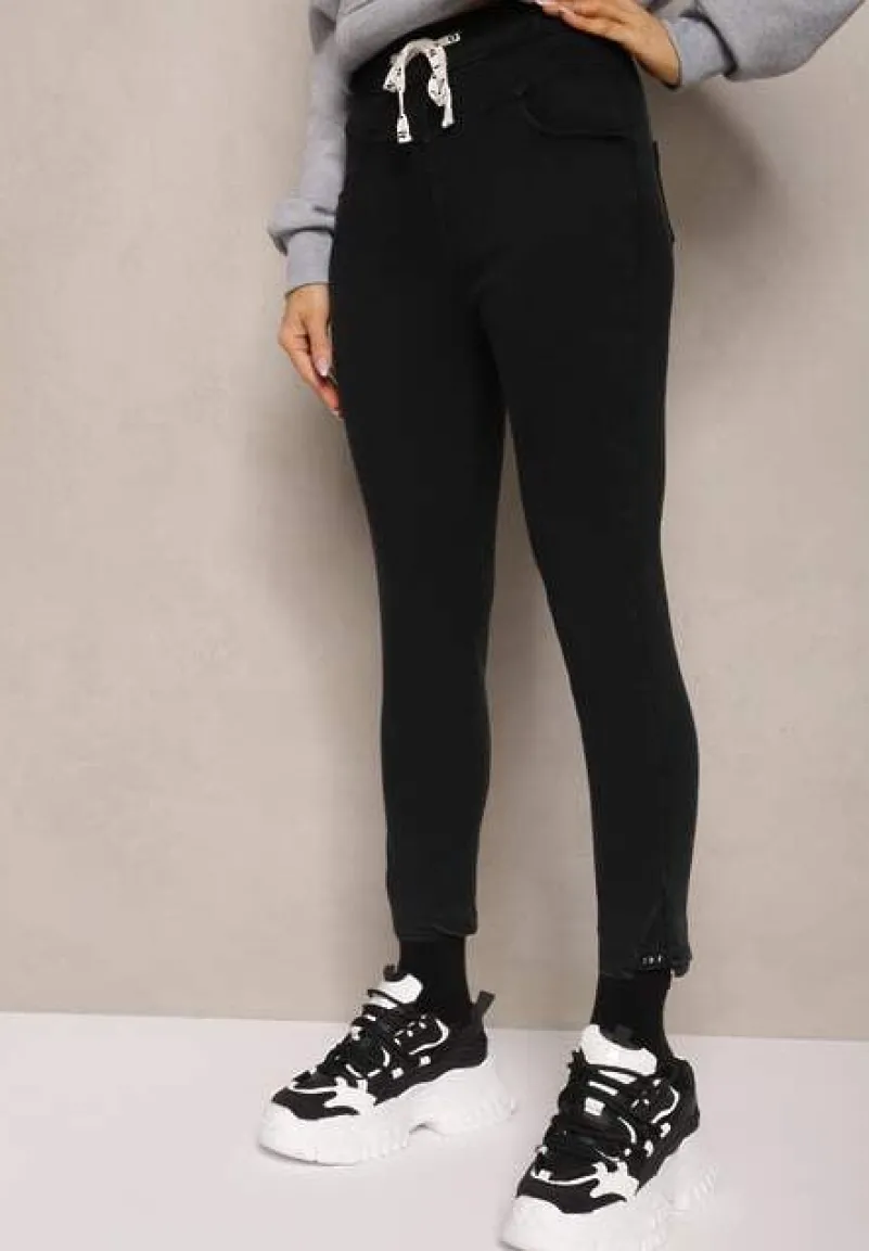 Czarne Spodnie z Dodatkiem Bawełny High Waist Wiązane w Pasie Nirinne