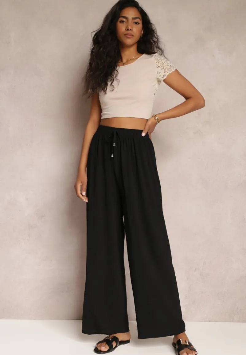 Czarne Spodnie z Gumką w Pasie i Szerokimi Nogawkami Seira