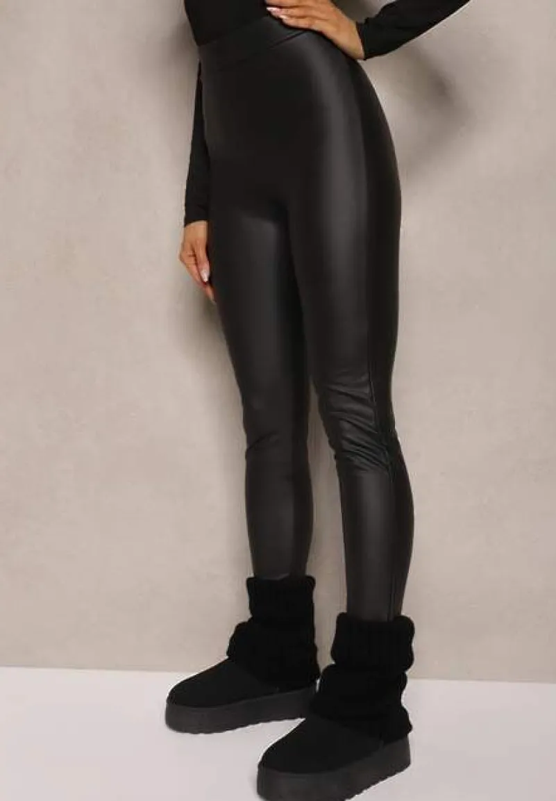 Czarne Spodnie z Imitacji Skóry High Waist Wykończone w Talii Gumką Verisele