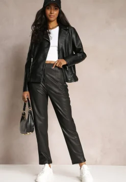 Czarne Spodnie z Imitacji Skóry i Wysokim Stanem Linosja