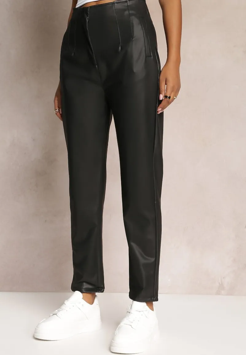Czarne Spodnie z Imitacji Skóry i Wysokim Stanem Linosja