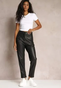 Czarne Spodnie z Imitacji Skóry i Wysokim Stanem Linosja