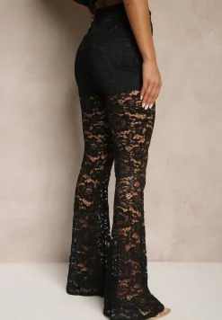 Czarne Spodnie z Koronki o Fasonie Dzwonów Ovilisse