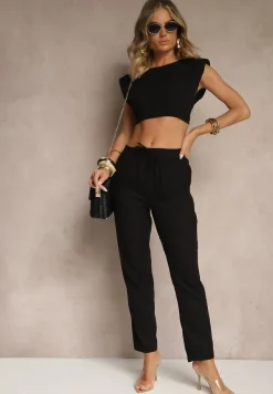 Czarne Spodnie z Lnem i Wiązaniem Natomiela