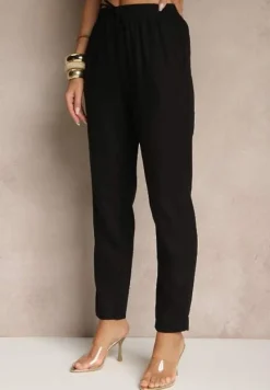 Czarne Spodnie z Lnem i Wiązaniem Natomiela
