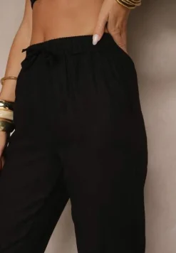 Czarne Spodnie z Lnem i Wiązaniem Natomiela
