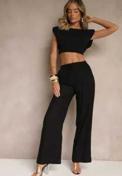 Czarne Spodnie z Lnem o Szerokim Kroju z Gumką w Talii Filarive