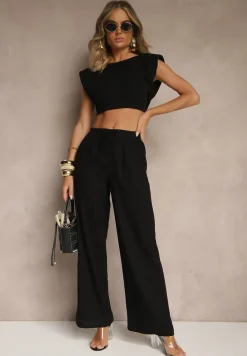 Czarne Spodnie z Lnem o Szerokim Kroju z Gumką w Talii Filarive