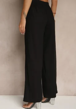 Czarne Spodnie z Lnem o Szerokim Kroju z Gumką w Talii Filarive