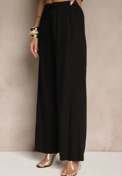 Czarne Spodnie z Lnem o Szerokim Kroju z Gumką w Talii Filarive