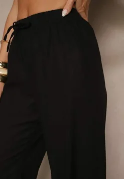 Czarne Spodnie z Lnem o Szerokim Kroju z Gumką w Talii Filarive