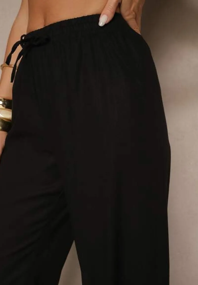 Czarne Spodnie z Lnem o Szerokim Kroju z Gumką w Talii Filarive