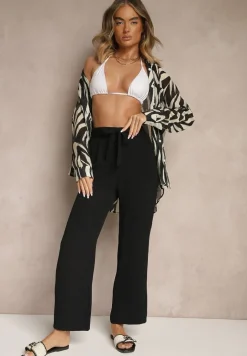 Czarne Spodnie z Szeroką Nogawką Wiązane w Talii Salemira