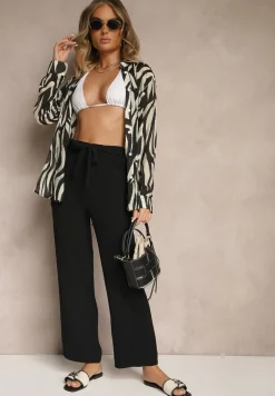 Czarne Spodnie z Szeroką Nogawką Wiązane w Talii Salemira