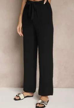 Czarne Spodnie z Szeroką Nogawką Wiązane w Talii Salemira