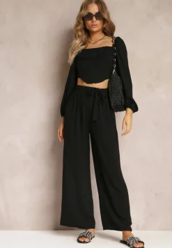 Czarne Spodnie z Szerokimi Nogawkami i Doszytym Paskiem w Talii Atita