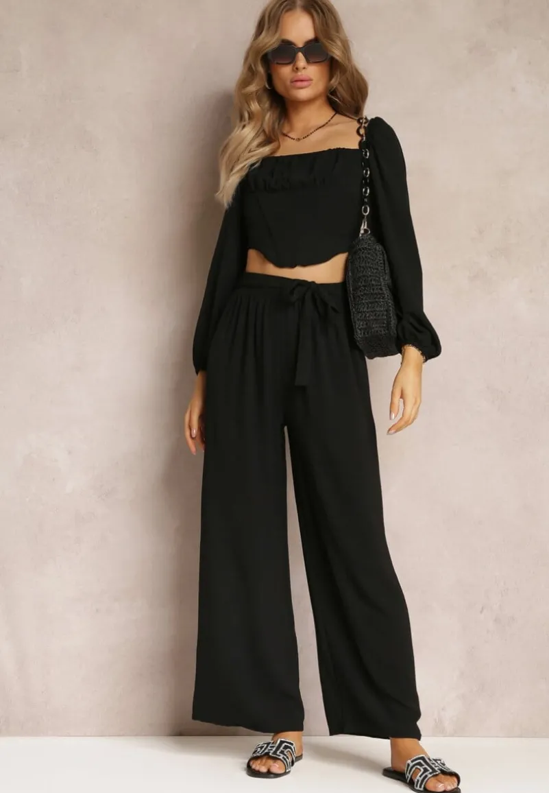 Czarne Spodnie z Szerokimi Nogawkami i Doszytym Paskiem w Talii Atita