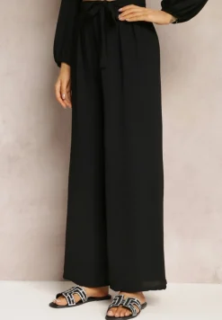 Czarne Spodnie z Szerokimi Nogawkami i Doszytym Paskiem w Talii Atita