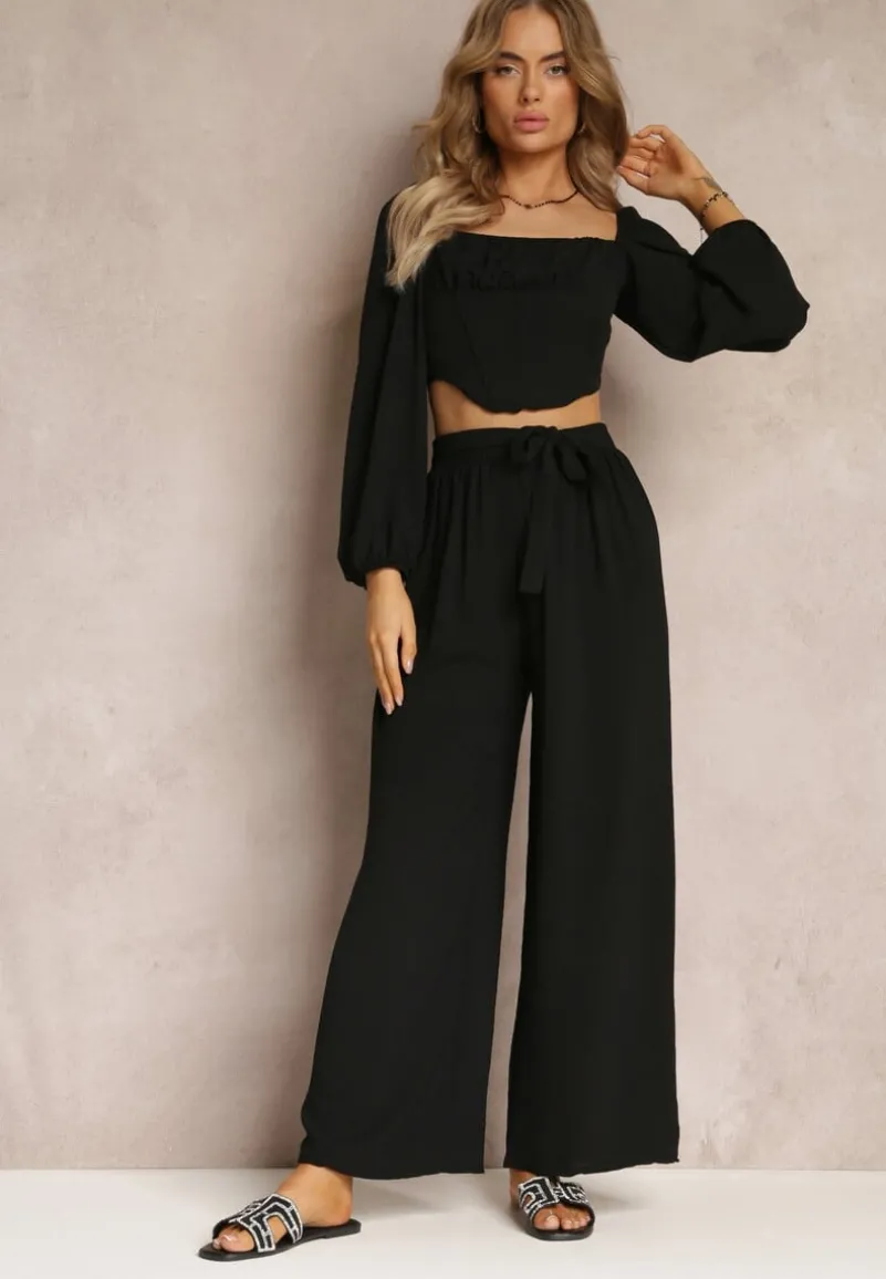 Czarne Spodnie z Szerokimi Nogawkami i Doszytym Paskiem w Talii Atita