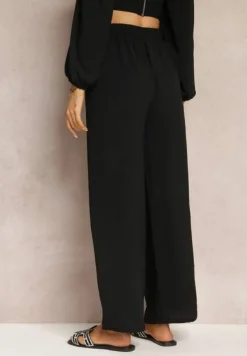 Czarne Spodnie z Szerokimi Nogawkami i Doszytym Paskiem w Talii Atita