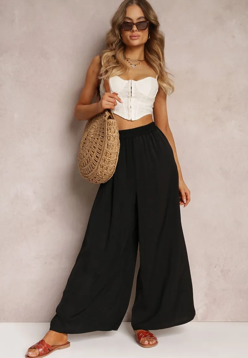 Czarne Spodnie z Szerokimi Nogawkami i Gumką w Pasie Jacobisa