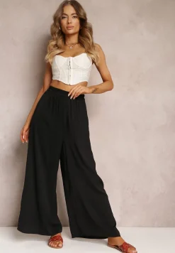 Czarne Spodnie z Szerokimi Nogawkami i Gumką w Pasie Jacobisa