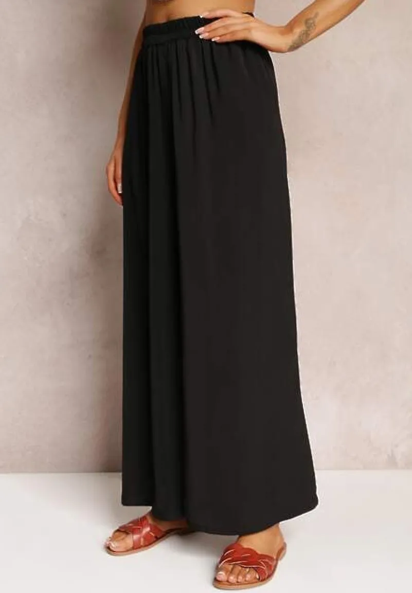 Czarne Spodnie z Szerokimi Nogawkami i Gumką w Pasie Jacobisa