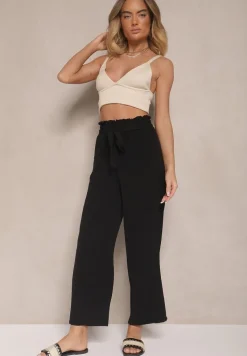 Czarne Spodnie z Wiskozą o Szerokim Kroju High Waist z Wiązaniem Ivelwia
