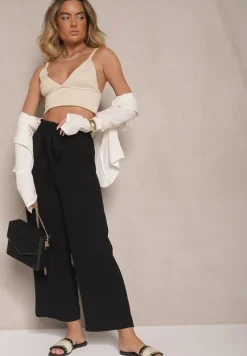 Czarne Spodnie z Wiskozą o Szerokim Kroju High Waist z Wiązaniem Ivelwia