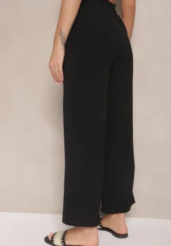 Czarne Spodnie z Wiskozą o Szerokim Kroju High Waist z Wiązaniem Ivelwia