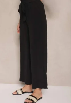Czarne Spodnie z Wiskozą o Szerokim Kroju High Waist z Wiązaniem Ivelwia