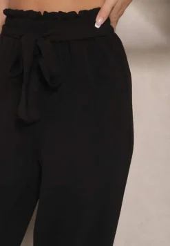 Czarne Spodnie z Wiskozą o Szerokim Kroju High Waist z Wiązaniem Ivelwia
