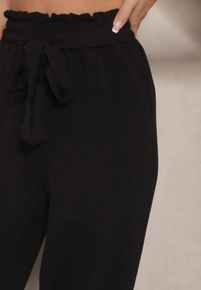 Czarne Spodnie z Wiskozą o Szerokim Kroju High Waist z Wiązaniem Ivelwia