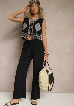 Czarne Spodnie z Wiskozy High Waist o Szerokim Kroju Avelozi