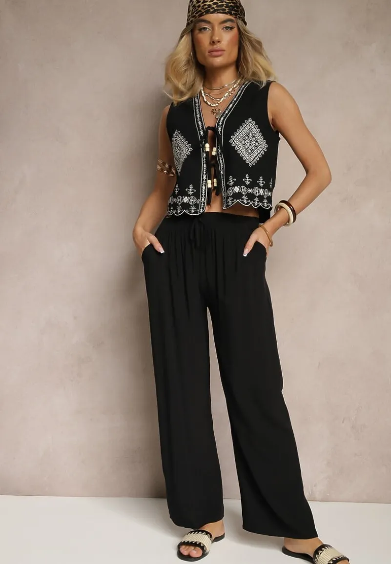 Czarne Spodnie z Wiskozy High Waist o Szerokim Kroju Avelozi