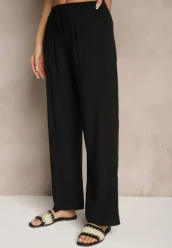Czarne Spodnie z Wiskozy High Waist o Szerokim Kroju Avelozi