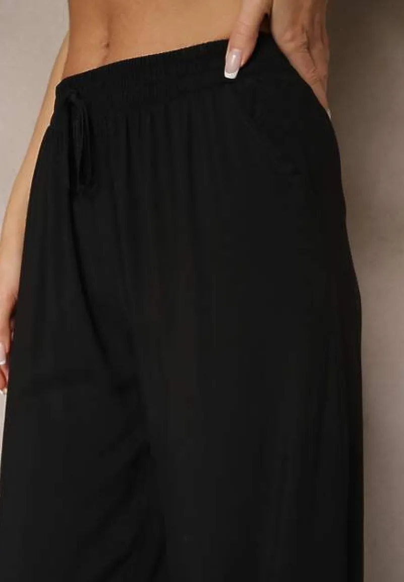 Czarne Spodnie z Wiskozy High Waist o Szerokim Kroju Avelozi
