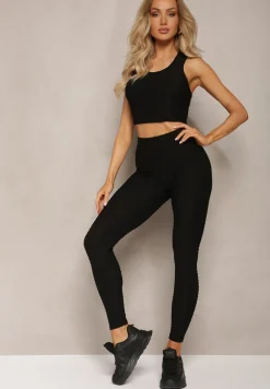 Czarne Sportowe Legginsy z Wytłoczonym Wzorkiem Askida