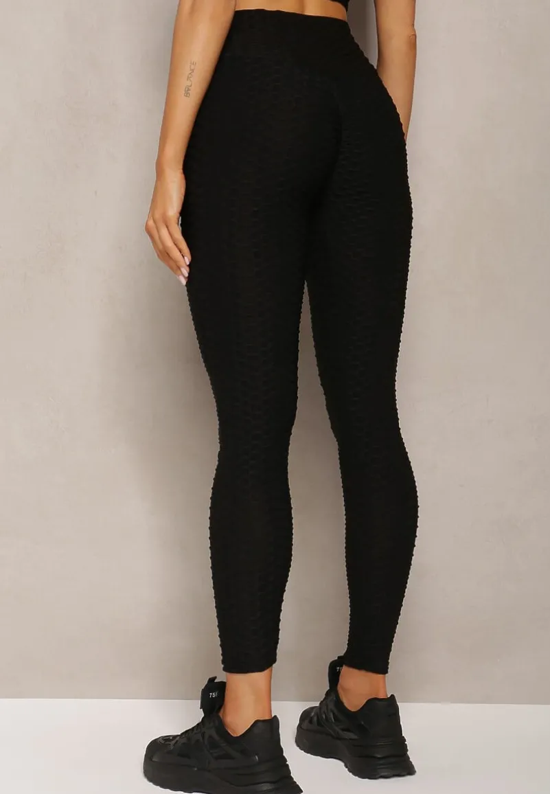 Czarne Sportowe Legginsy z Wytłoczonym Wzorkiem Askida