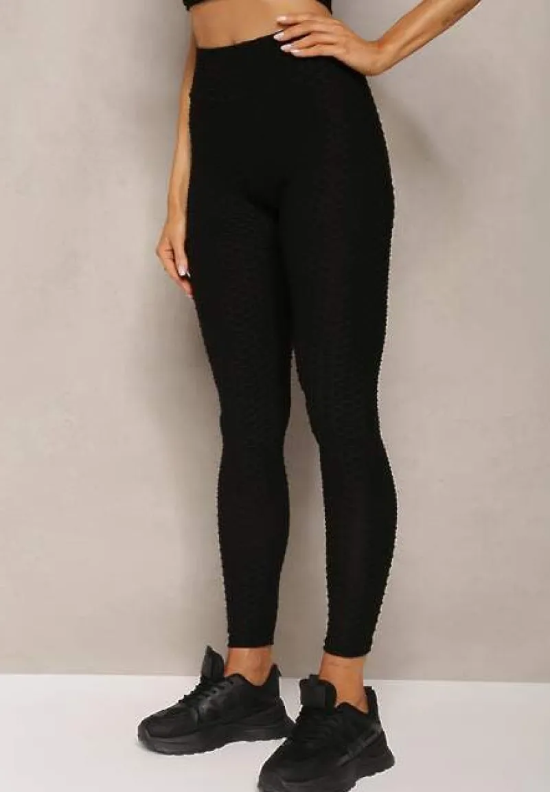 Czarne Sportowe Legginsy z Wytłoczonym Wzorkiem Askida