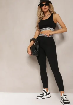 Czarne Sportowe Legginsy Elastyczne z Ozdobną Szeroką Gumą w Pasie Larnode